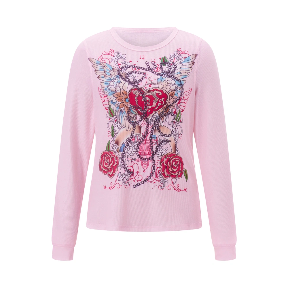 Women Long Sleeve T-Shirts Flower Heart Chain Wings Print Shirts