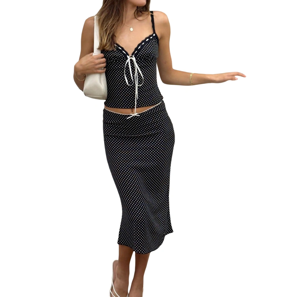 Women's Sleeveless Dot Print Cami Tops Midi Skinny Skirt Set