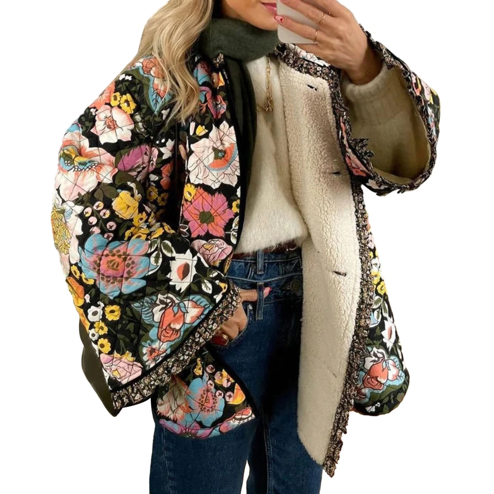 Women Winter Quilted Jacket Casual Floral Print Button Cardigan