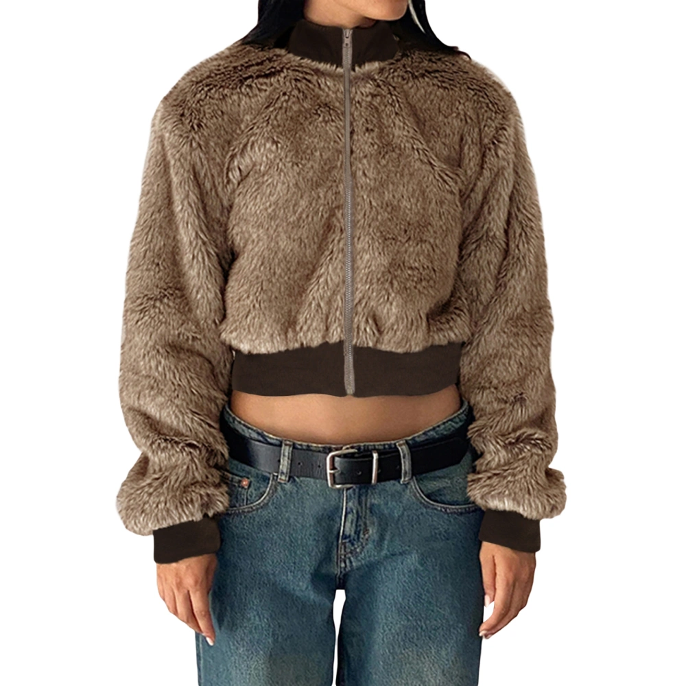 Women's Fuzzy Fleece Short Jacket Plush Patchwork Sherpa Coat