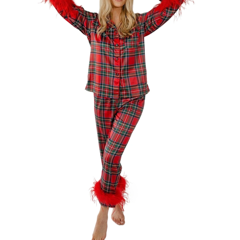 Women's Long Sleeve Button Up Shirt Solid Color/Plaid Pants Sleepwear