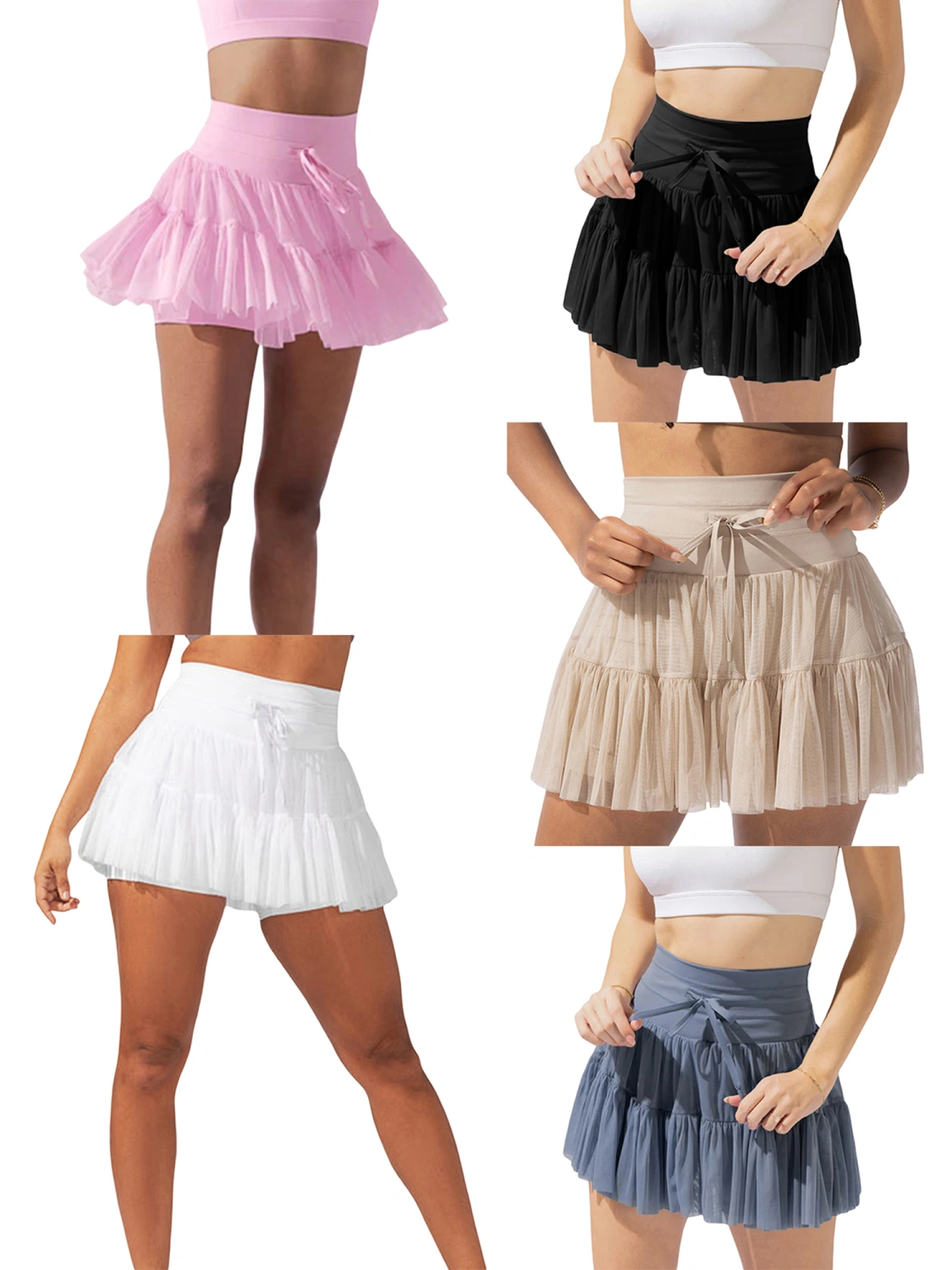 Women Solid Color Yoga Skirts Drawstring Double-Layer Tennis Skorts