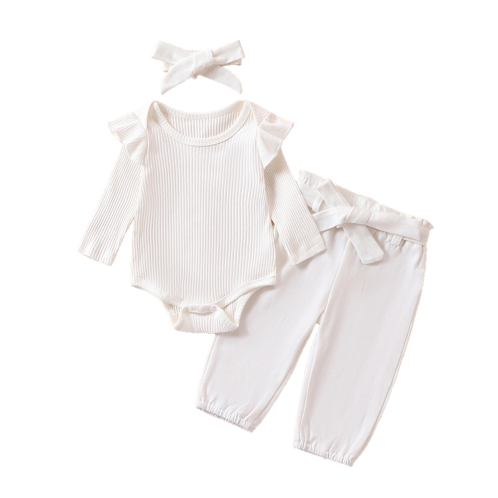 Baby 3Pcs Fall Outfits Long Sleeve Romper + Belted Pants + Headband