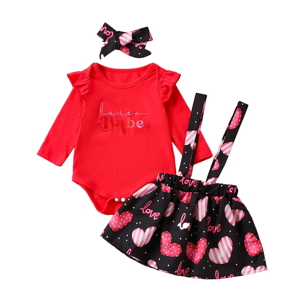 Baby Letter Print Romper Tops Heart Print Suspender Skirt Headband Set