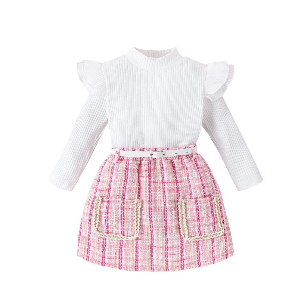 Girls Skirt Set, Long Sleeve Turtleneck T-shirt with Plaid Skirt Belt