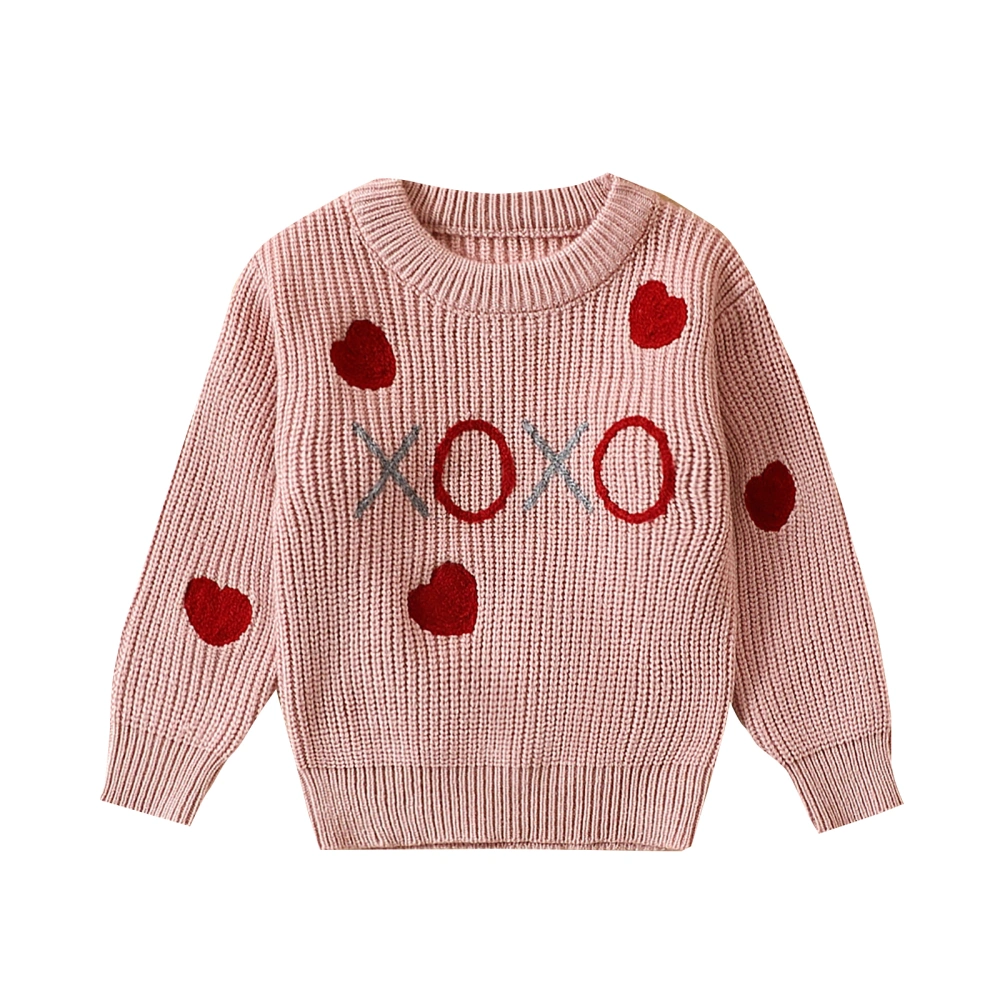 Baby Girl Valentine’s Day Sweaters Long Sleeve Heart Embroidery Tops