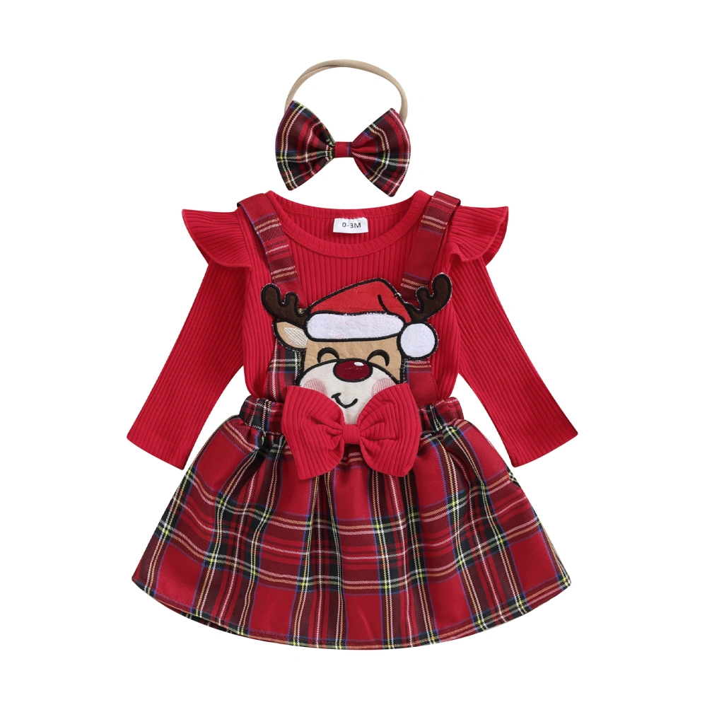 Baby Long Sleeve Ruffle Romper Plaid Suspender Skirt Headband Set