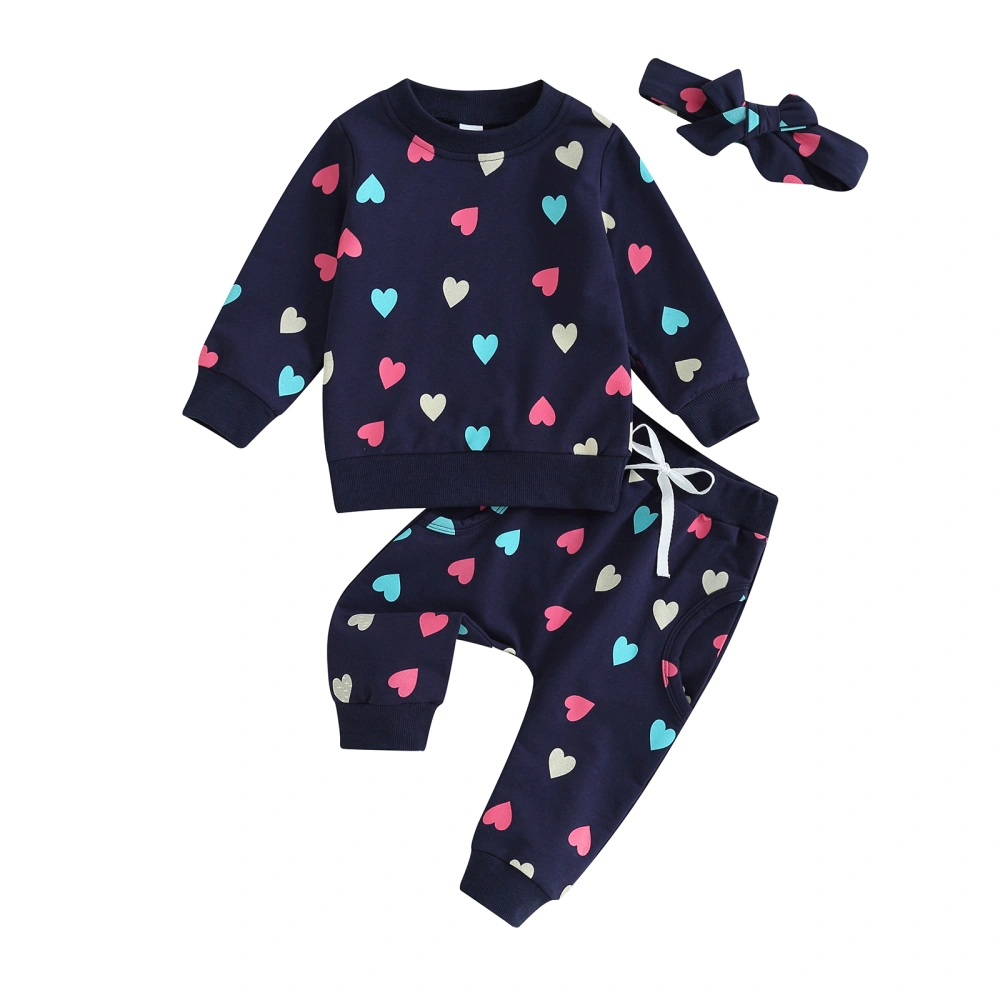 Girls Long Sleeve Crewneck Sweatshirt Heart Print Pants Headband Sets