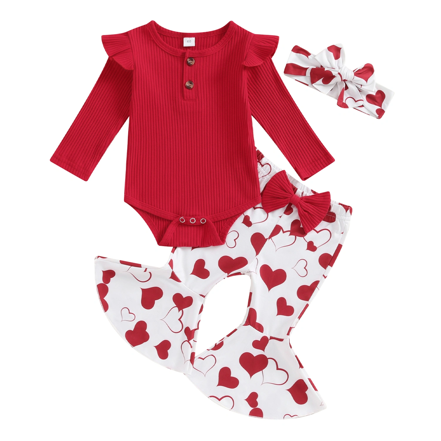 Baby Girls Valentine’s Day Outfits Romper+Heart Flare Pants+Headband