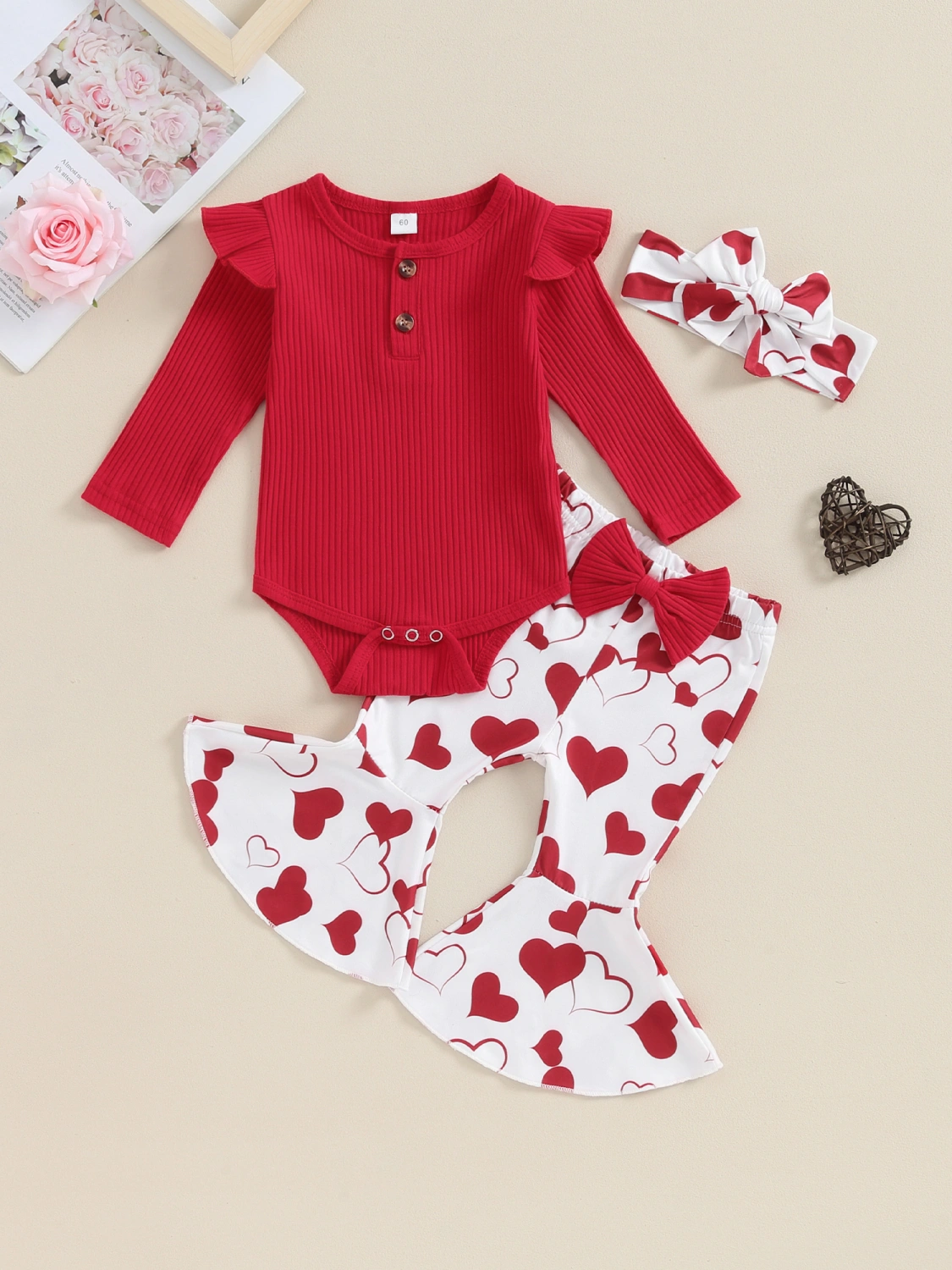 Baby Girls Valentine’s Day Outfits Romper+Heart Flare Pants+Headband