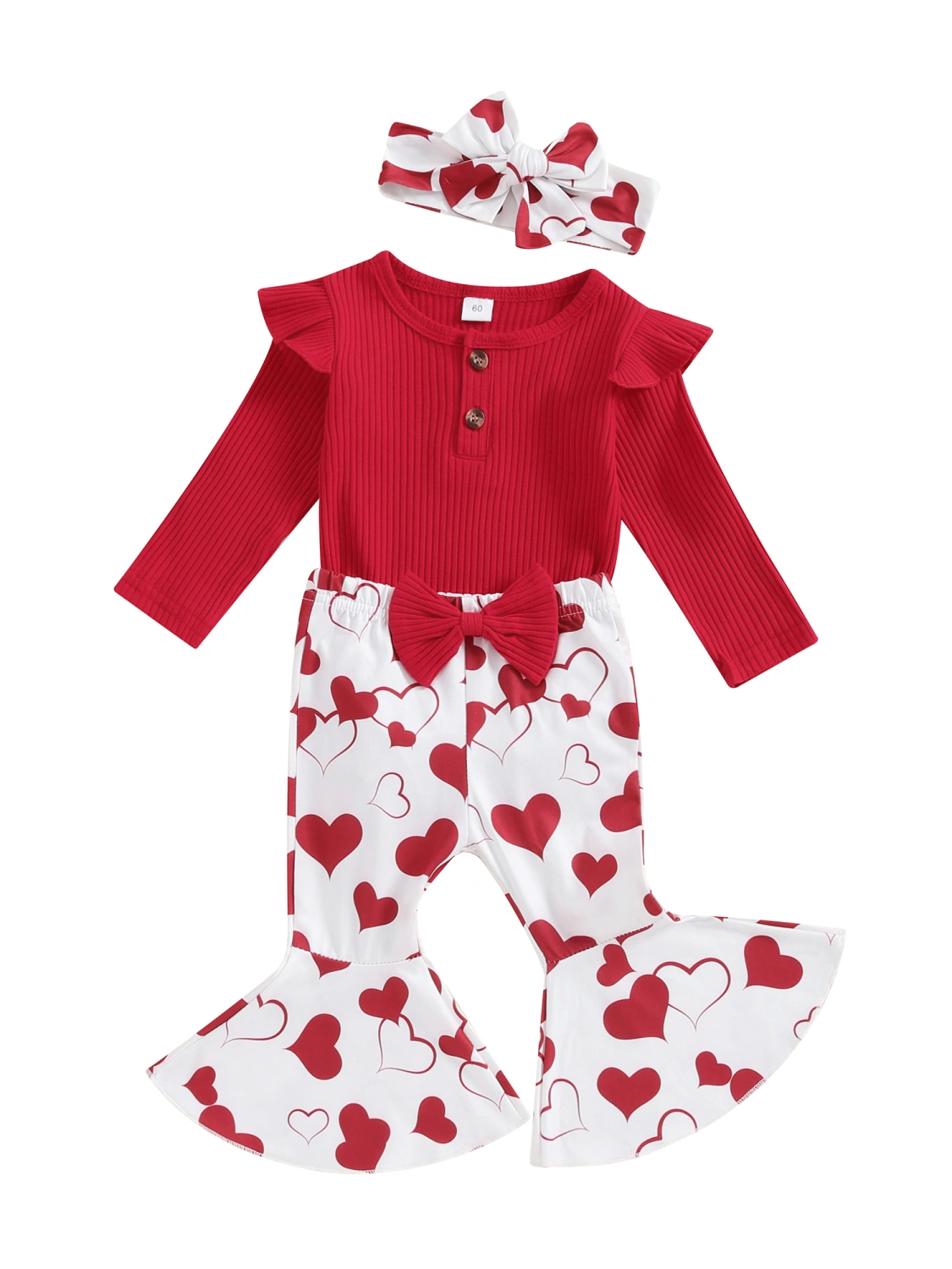 Baby Girls Valentine’s Day Outfits Romper+Heart Flare Pants+Headband