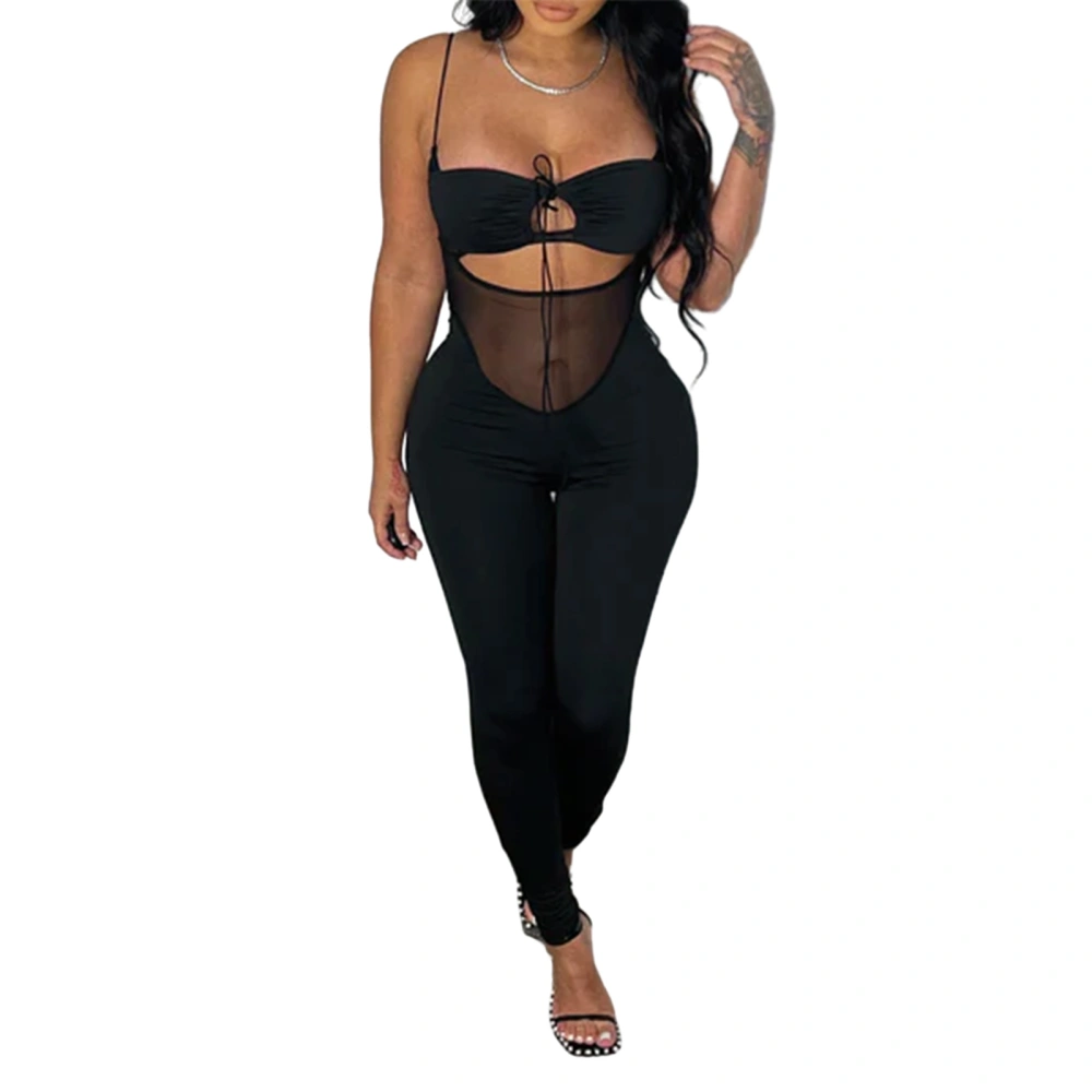 Women Solid Color Jumpsuits Mesh See-Through Long Cami Rompers