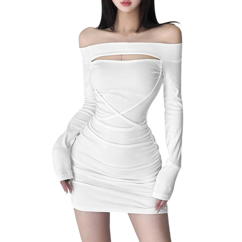 Women Long Sleeve Dress Cutout Ruched Off-Shoulder Bodycon Dress 