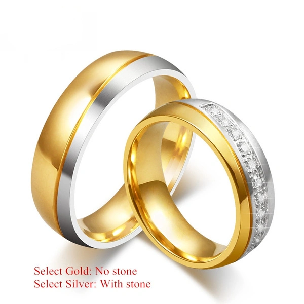 Stainless Steel 18k Gold Plated CZ Wedding Promise Band Ring Gift for Lovers