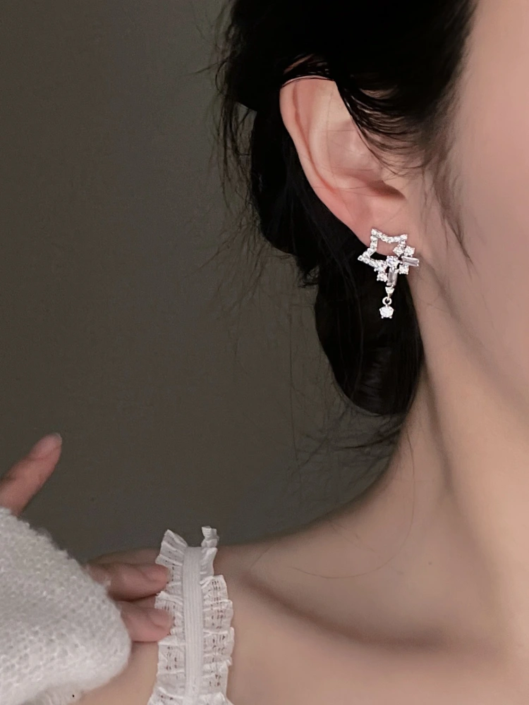 Crystal Star Tassel Stud Earrings Fashion Sterling Silver Jewelry