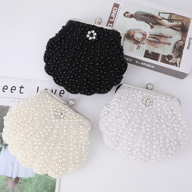 Women's Shell Shape Faux Pearl Clutch with Handle Handbag Wedding Purse Evening Dinner Party Bag for Bridal Evening Handbag