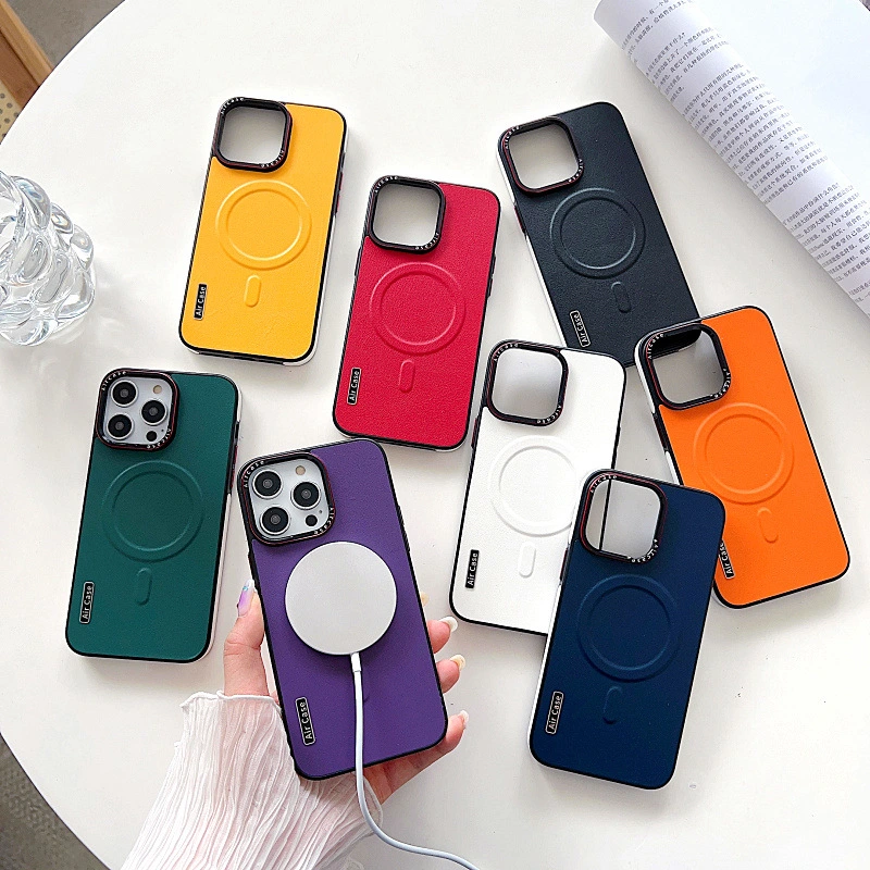 Plain Leather Phone Case Magnetic Suction Contrast Color Protective Cover