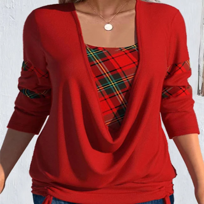 Printed Solid Color Long-sleeved Women's Large Drop Collar Loose Pleating Fake Two-piece Top