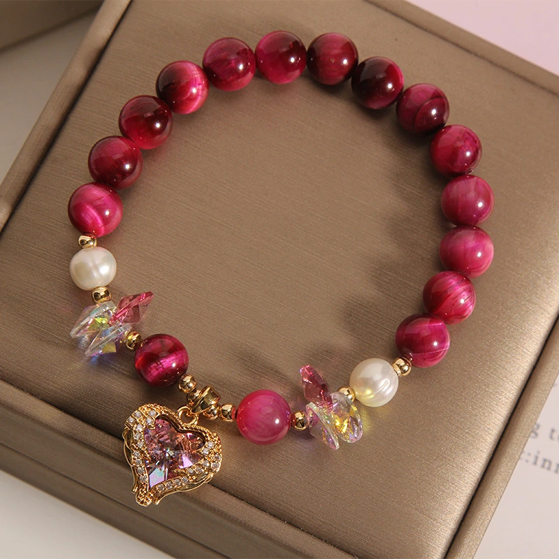 Women's Fashion Rose Red Tigereye Crystal Bracelet