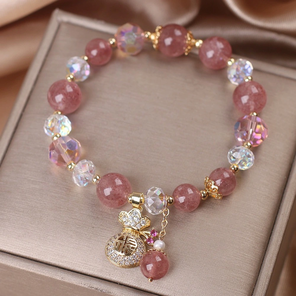 Women's Diamond Purse Natural Strawberry Quartz Bracelet