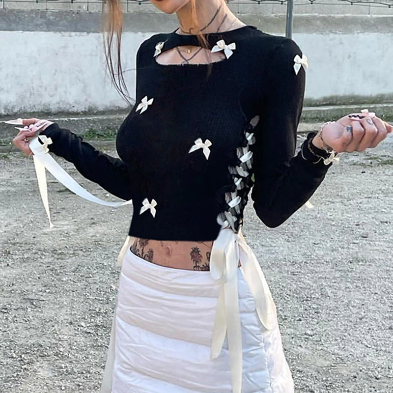 Millennium Hot Girl Style Dark Hollow Bow Stitching Strap Slim Fit Long-sleeved T-shirt Top