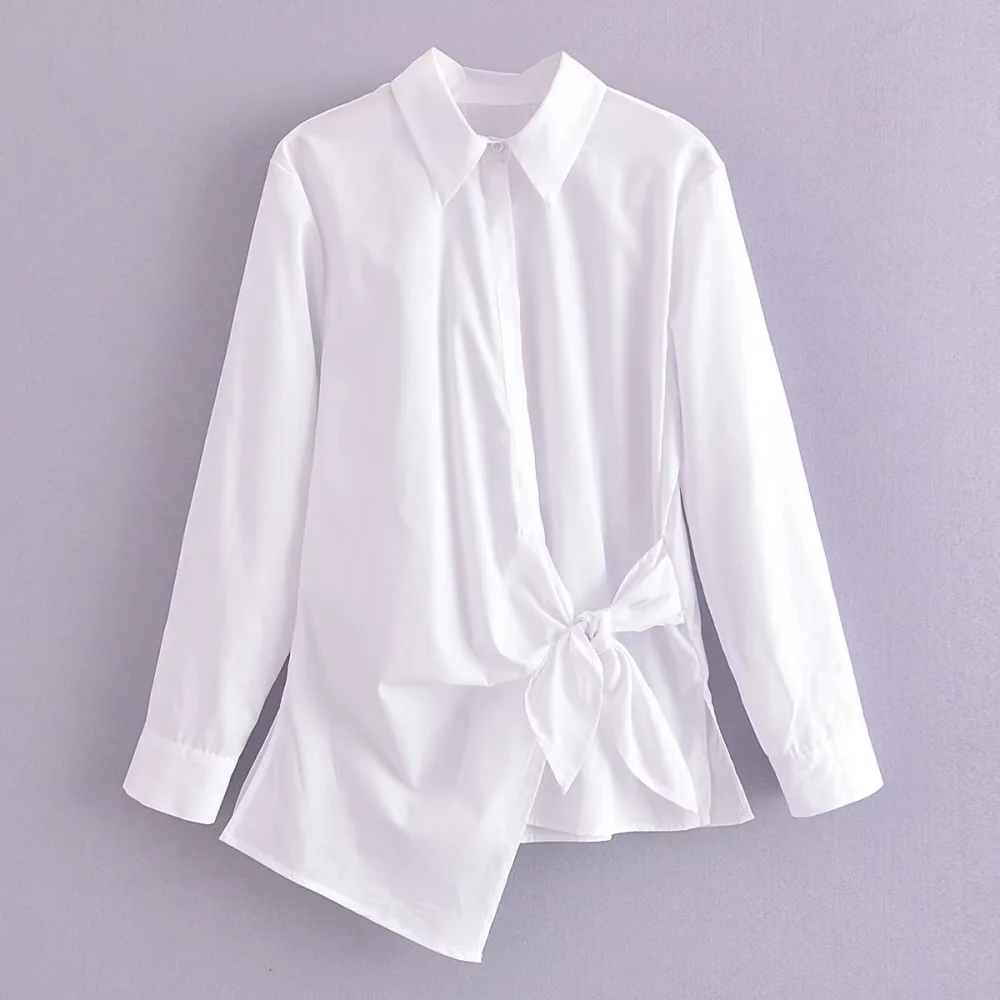 Women's Double Breasted Bow Tie Poplin Shirt Slim Top