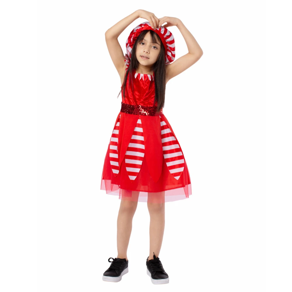 Girl Christmas Outfit Tulle Patchwork A-line Dress with Striped Hat