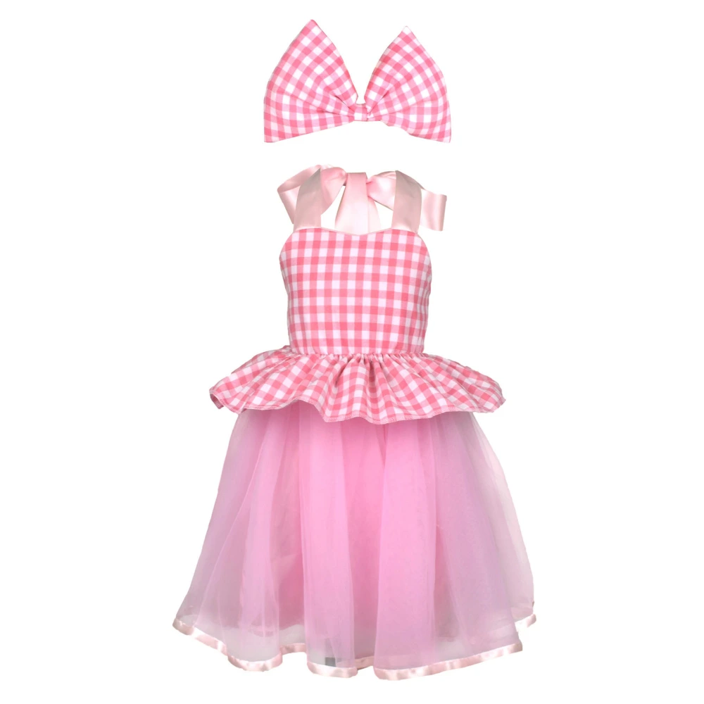 Girls Pink Costume Sets Halter Neck Tulle Cosplay Party Plaid Dress