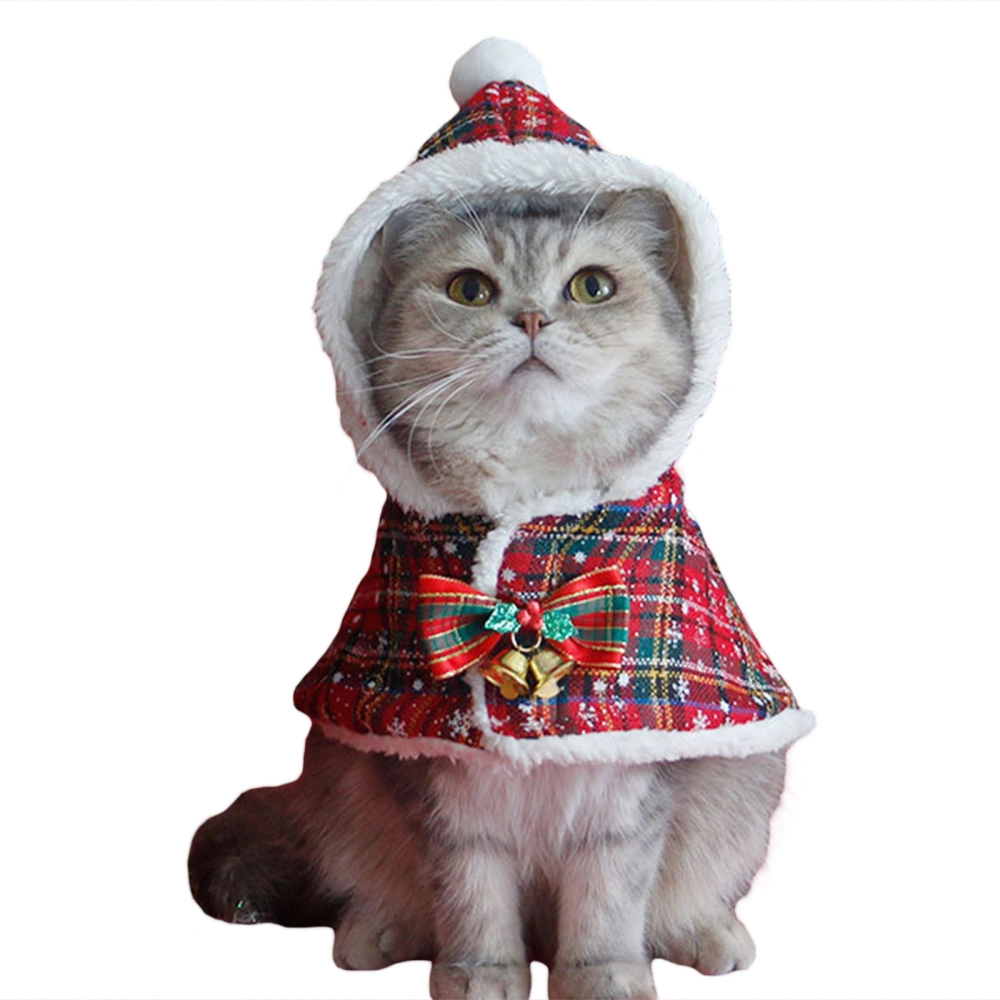 Christmas Pet Costume Dog Cat Plaid Snow Hooded Cape with Bell