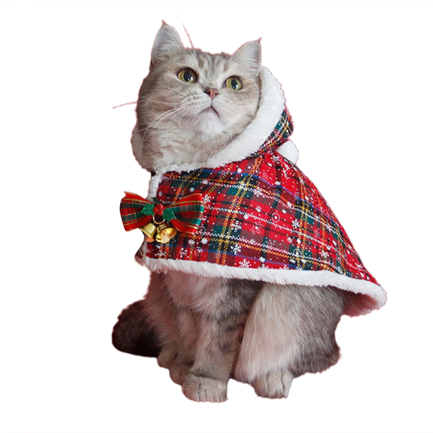 Christmas Pet Costume Dog Cat Plaid Snow Hooded Cape with Bell