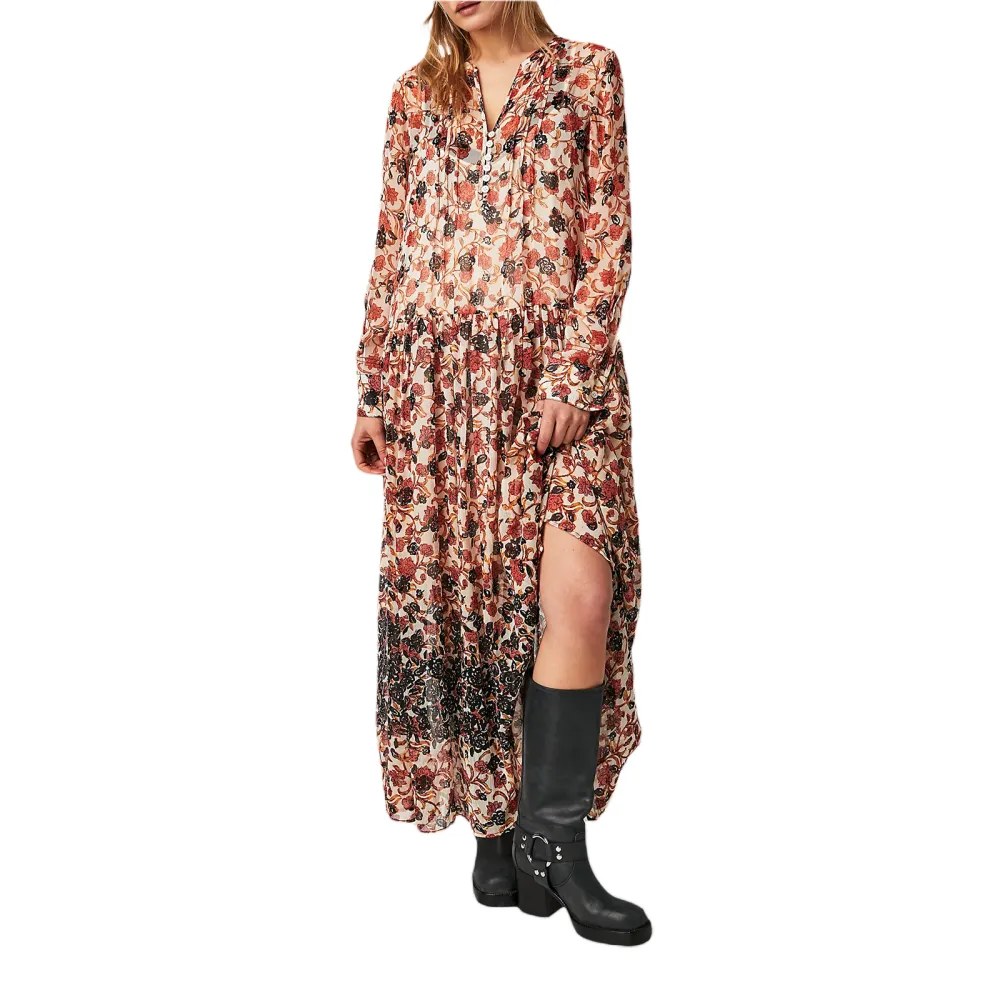 Women Fashion Long Dress Floral Print Buttons Long Sleeve Dress