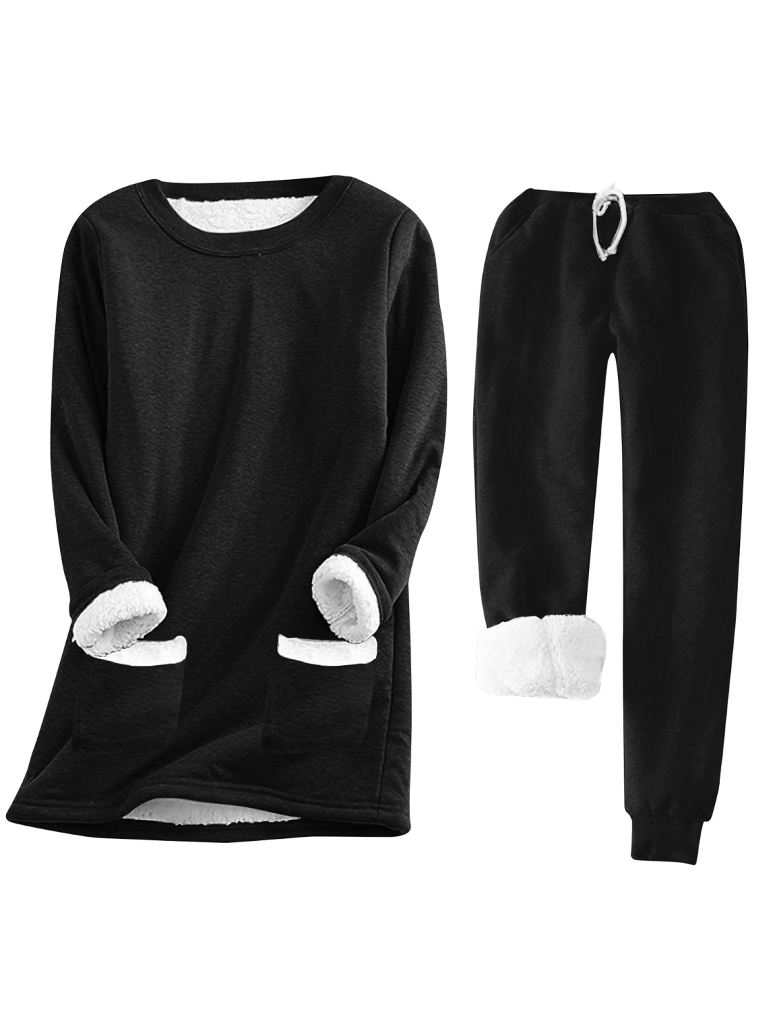 Women 2 Piece Tracksuits Fleece Warm Sweatshirt and Elastic Sweatpants