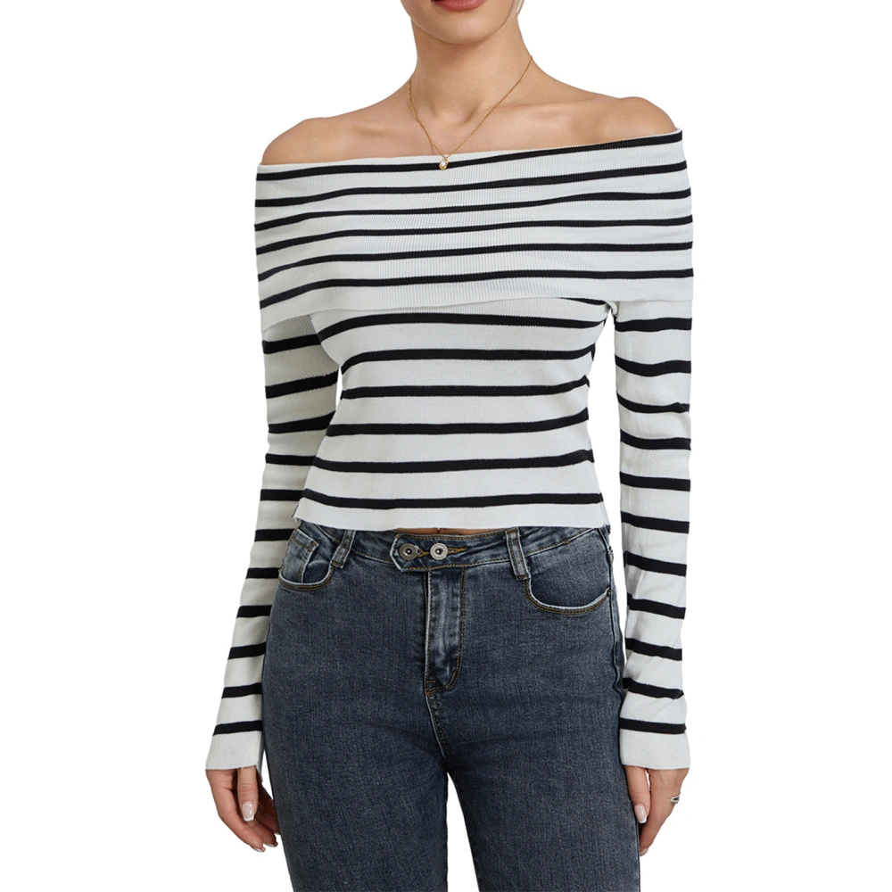 Women T-shirt Long Sleeve Off-shoulder Slim Fit Striped Tops