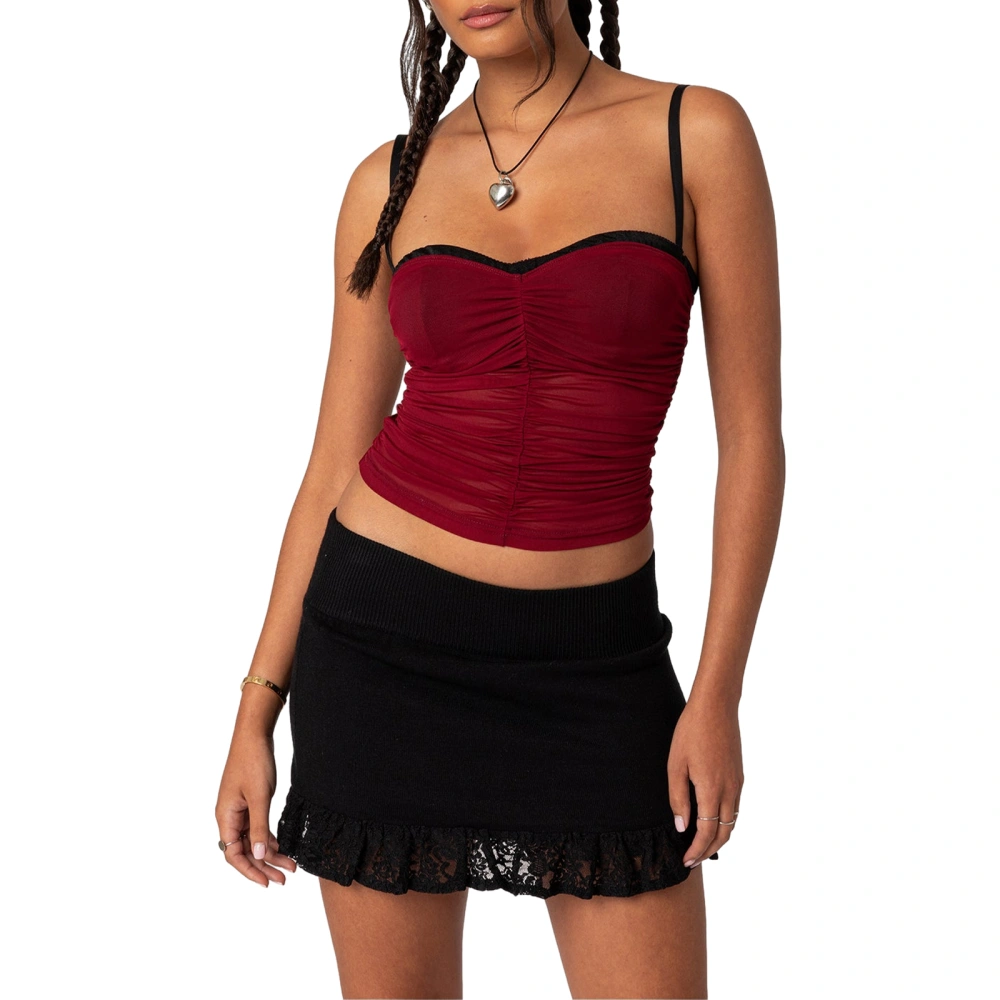 Women Patchwork Mesh Camisoles Ruched Backless Tank Tops Streetwear