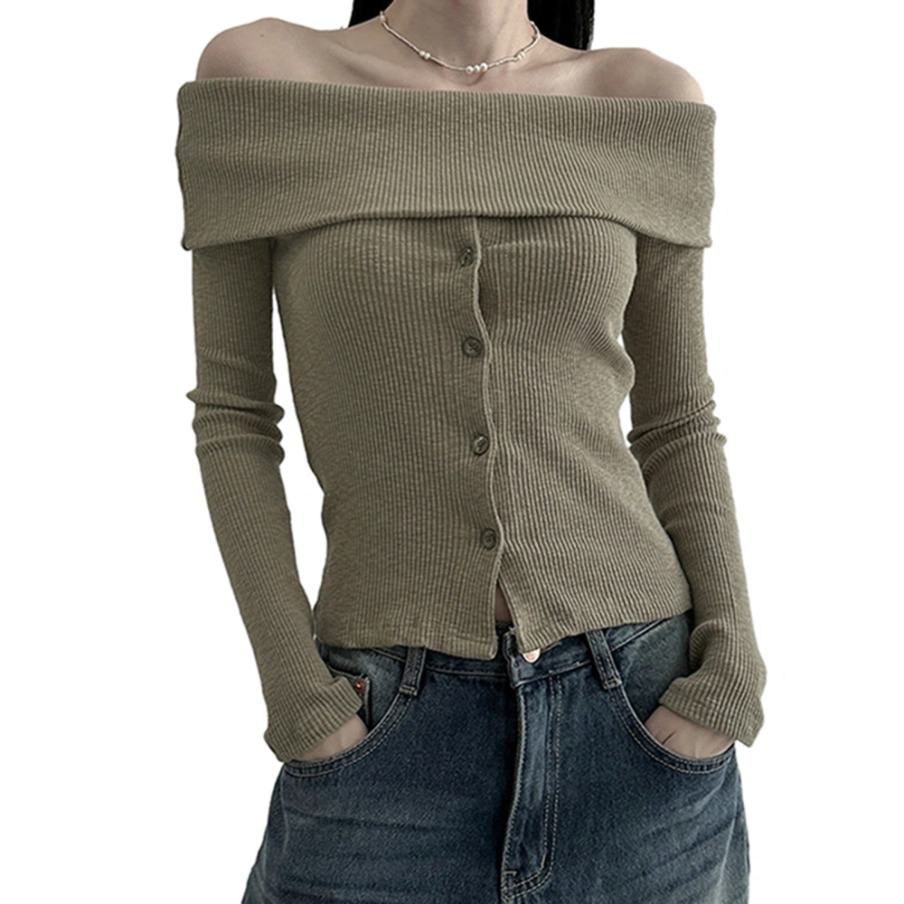 Women's Off-Shoulder Knit Cropped Tops Long Sleeve Button Knitwear