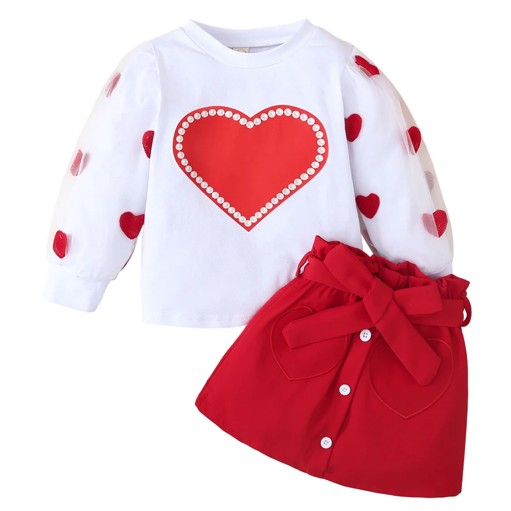 Toddler Girls Valentine’s Day Outfits Long Sleeve Tops + Belted Skirt