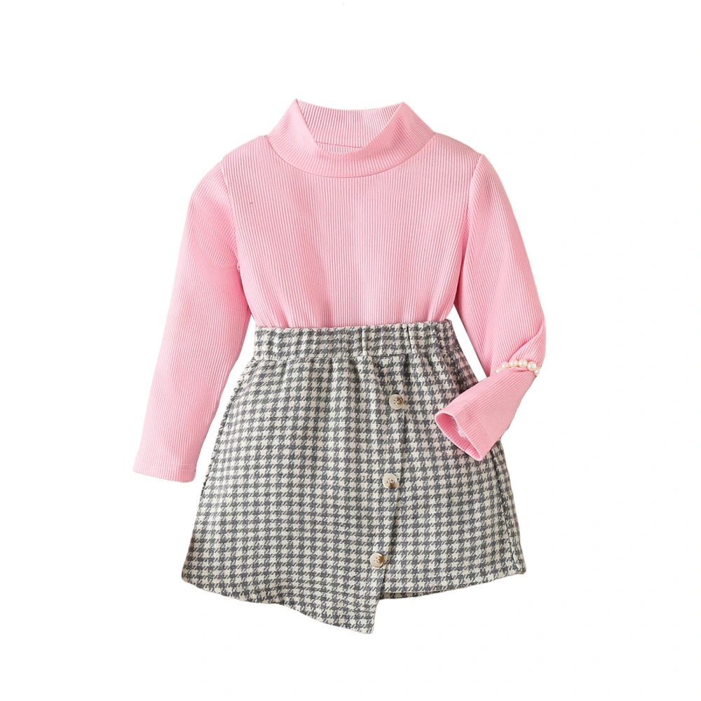 Girl Fall Outfit Solid Long Sleeve Mock Neck Tops Houndstooth Skirt 