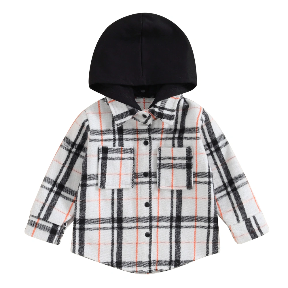 Kids Woolen Plaid Coat Long Sleeve Hooded Button-Down Jackets