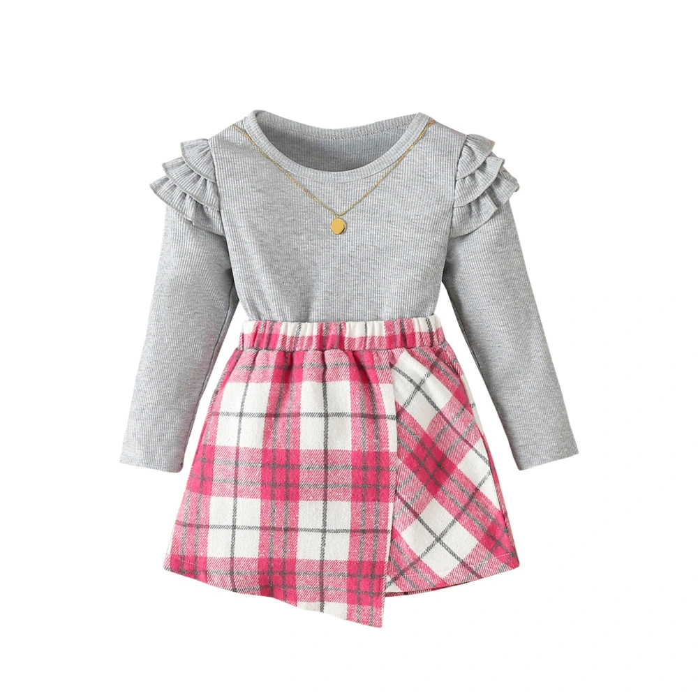 Toddler Girls 2Pcs Fall Outfits Ruffle Long Sleeve Tops + Plaid Skirt