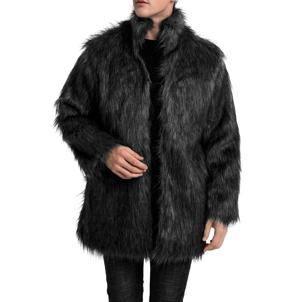 Men’s Winter Coat, Long Sleeve Stand Collar Furry Faux Fur Overcoat