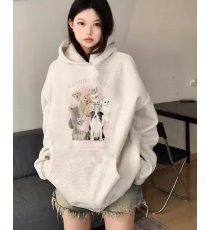 Women’s Oversized Hoodies Cat Dog Print Long Sleeve Loose Sweatshirts