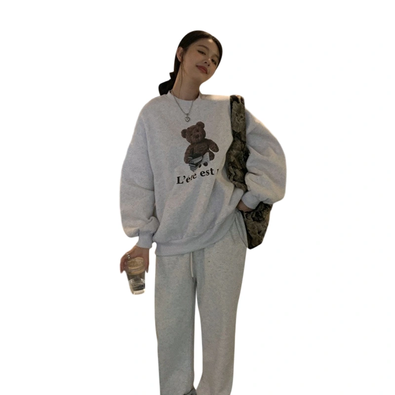 Women Cute Sweatshirts Cartoon Bear Print Loose Pullovers Fall Tops