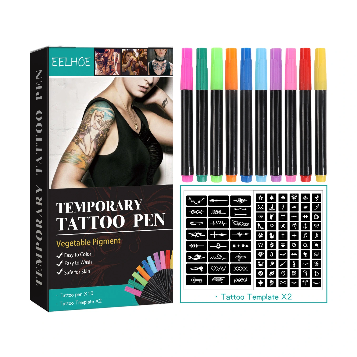 Temporary Tattoo Pen Kit, Colorful Tattoo Marker with Template