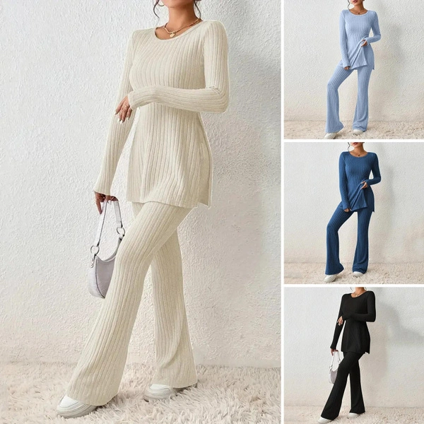 Breathable Suit for Summer Women Suit Set Women's Two Piece Knitted Suit Long Sleeve Ribbed Slit Top High Waist Flared Trousers Set Winter Autumn