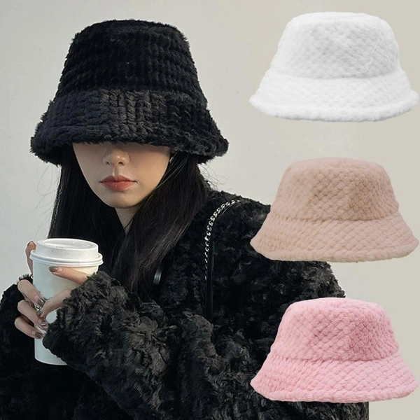 Winter Faux Fur Plush Bucket Hats For Women Outdoor Warm Hat Soft Fisherman Cap