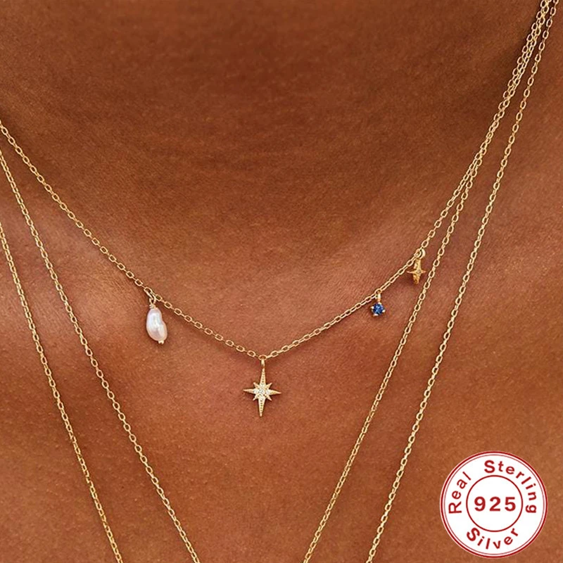 Fashion Ins Style Twin Sterling Silver Octagonal Star Diamond Shaped Pearl Short Necklace