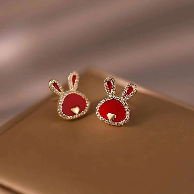 High-end Retro Red Cute Rabbit Earrings Women