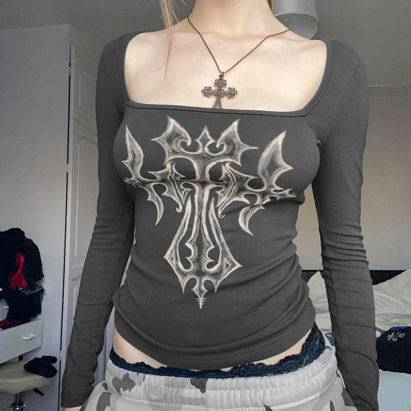 American Retro Printed Square-cut Collar Slim-fit Long Sleeve