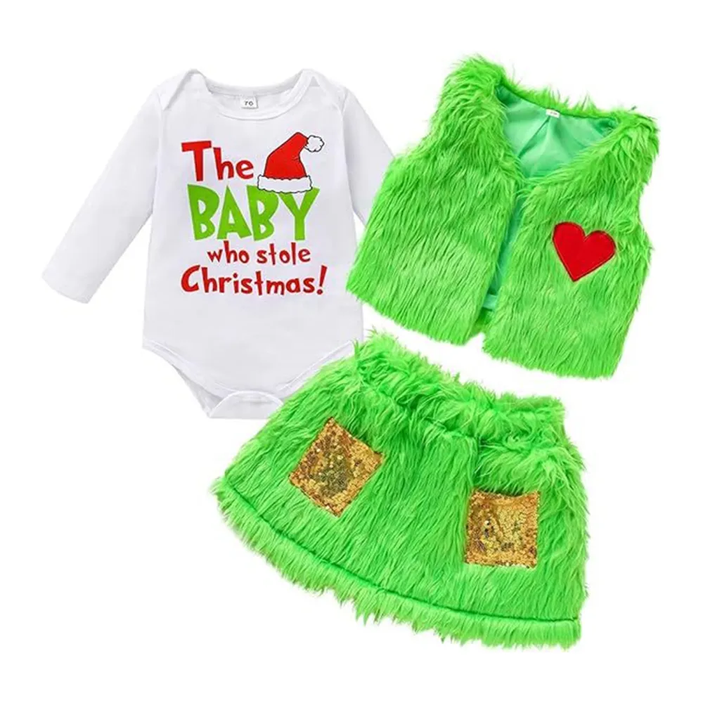 Baby Girls Christmas Outfits Romper+Vest+Skirt Set Newborn Green Monster Costume