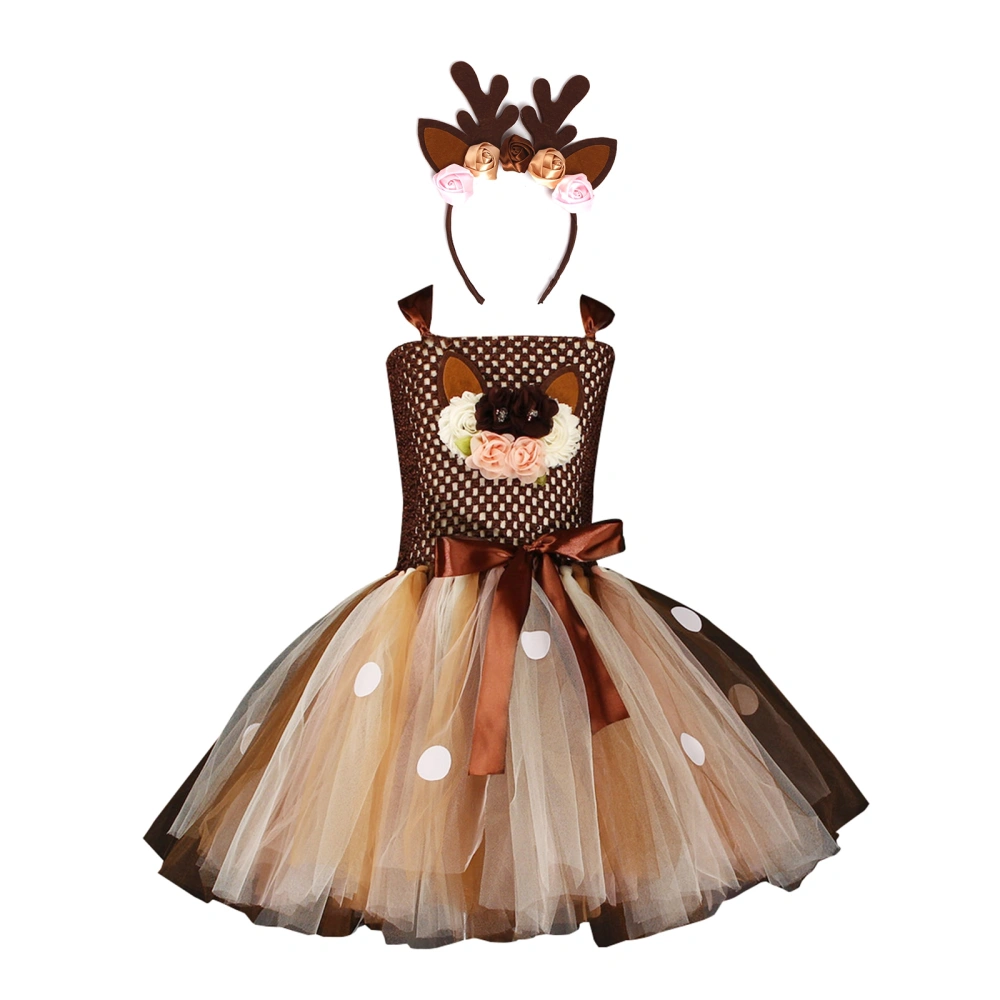 Girl Reindeer Costume, 3D Flower Sleeveless Tutu Dress with Headband